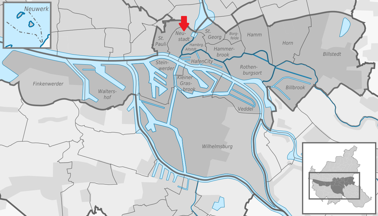 Karte der Stadtteile im Bezirk Hamburg Mitte.