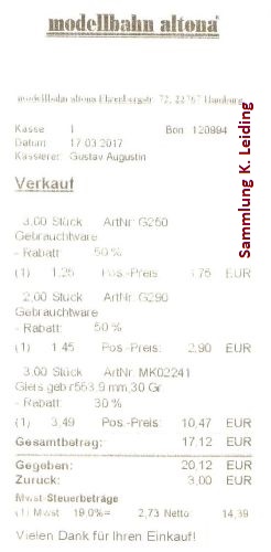Kassenbon von Modellbahn Altona.