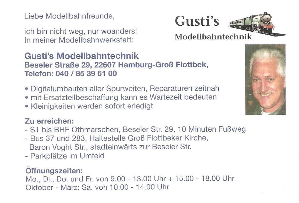 Benachrichtigungskarte von Gusti´s Modellbahntechnik.