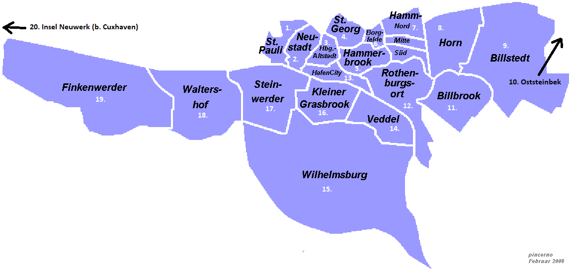 Karte der Stadtteile im Bezirk Hamburg Mitte.