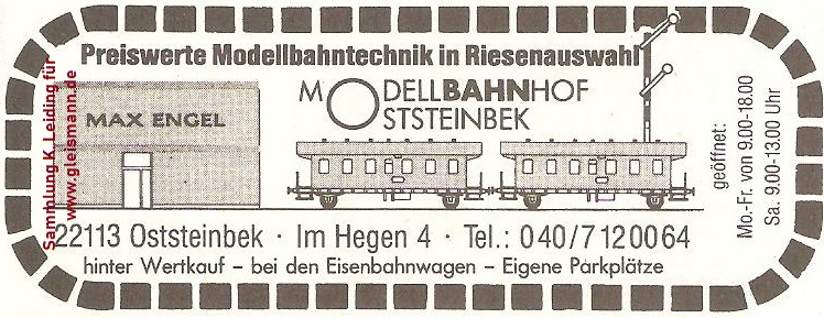 Werbung für den Modellbahnhof Oststeinbek. Werbung für den Modellbahnhof Oststeinbek.