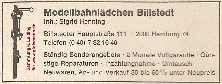 Werbung für das Modellbahnlädchen Billstedt.