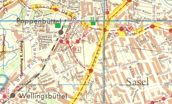 Karte von Poppenbüttel mit den Modellbahngeschäften in diesem Gebiet.