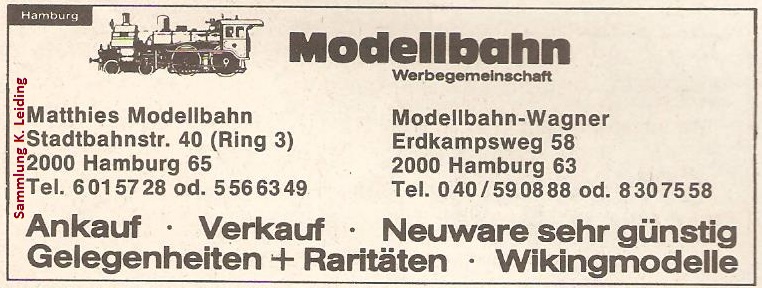 Werbung für die Werbegemeinschaft von Modellbahn Wagner und Matthies Modellbahn.