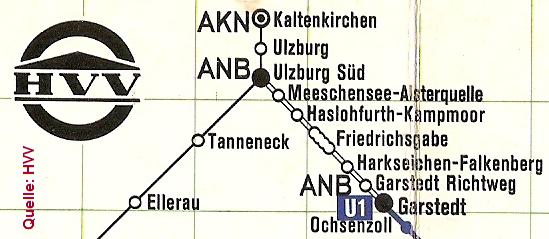 Ausschnitt des HVV - Schnellbahnnetzplanes vom Mai 1971 mit der ANB.