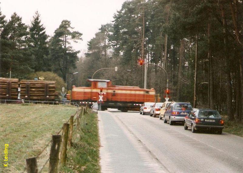 Ein Güterzug fährt durch den Haltepunkt *Meeschensee - 2.