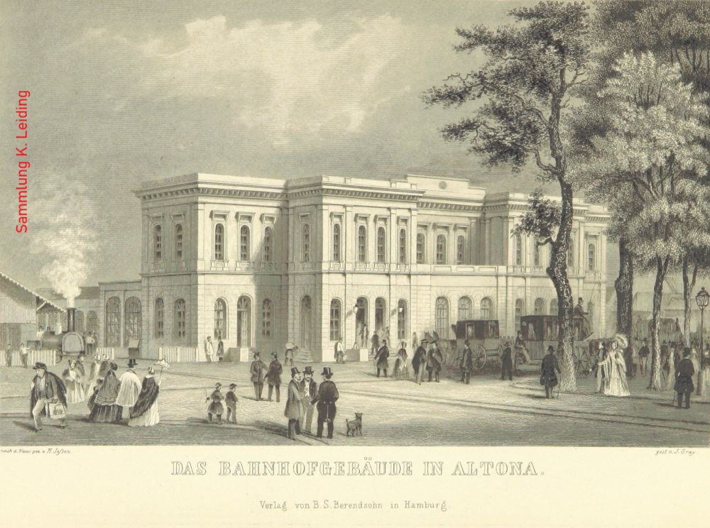 Zeitgen&ouml;ssische Zeichnung des ersten Altonaer Bahnhofs.