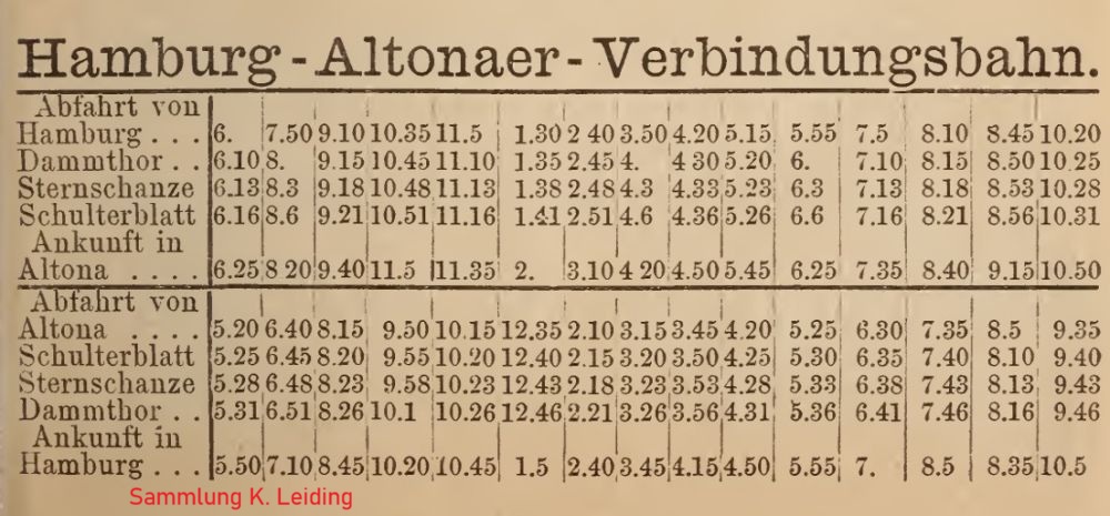 Fahrplan der Verbindungsbahn zwischen Altona und Hamburg aus dem Jahr 1869.