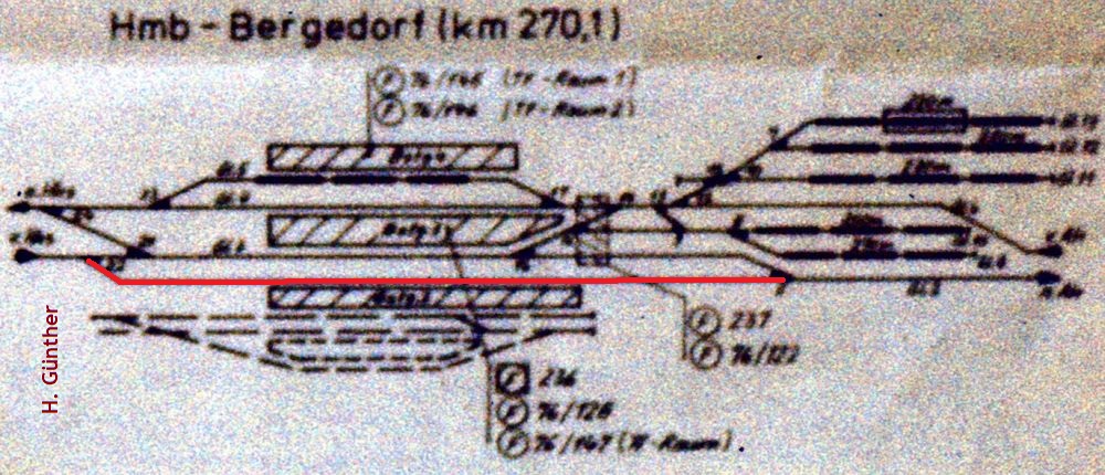 Gleisplan des Bahnhofs Bergedorf nebst Abstellanlage mit Stand 4. Oktober 1975.