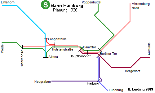 Mgliche Linienfhrung der S - Bahn nach der Planung von 1936.