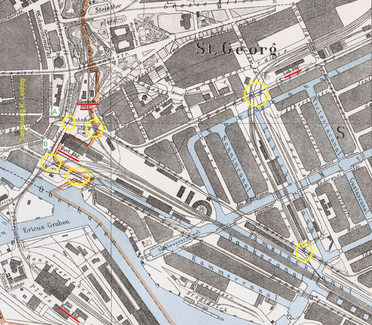 Plan der Hamburger Bahnh&ouml;fe aus dem Jahr 1895.