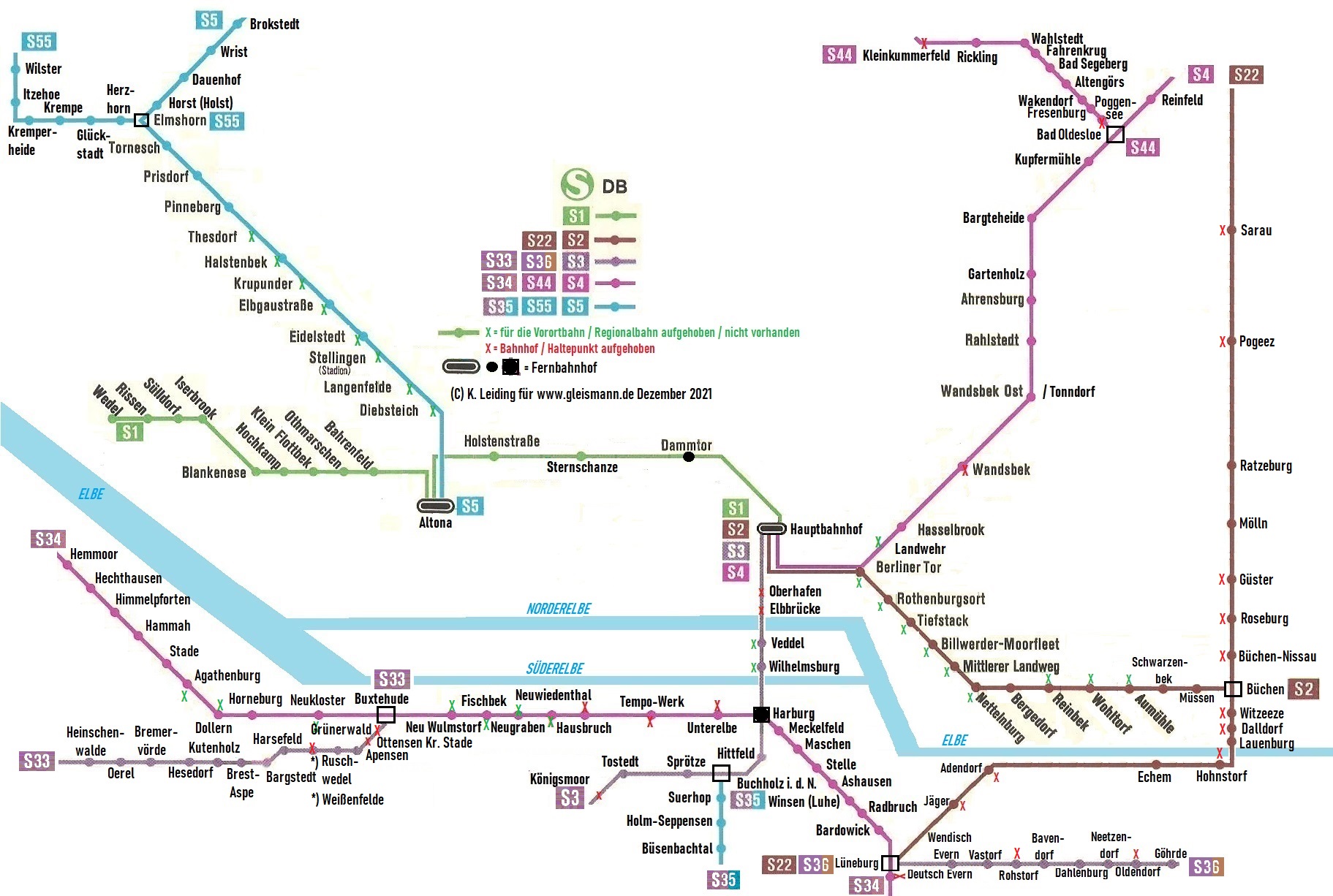 Streckenplan mit den Strecken S1 bis S55.