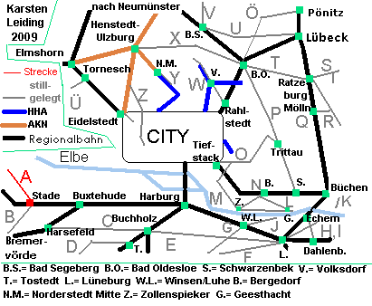 Das Schnell- und Regionalnetz des HVV mit der stillgelegten Strecke A: Stade - Itzwörden