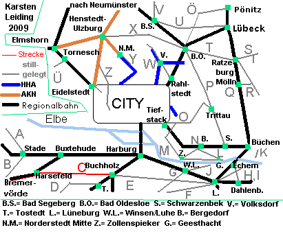 Das Schnell- und Regionalnetz des HVV mit der stillgelegten Strecke C: Bremervrde - Harsefeld - Hollenstedt - Buchholz