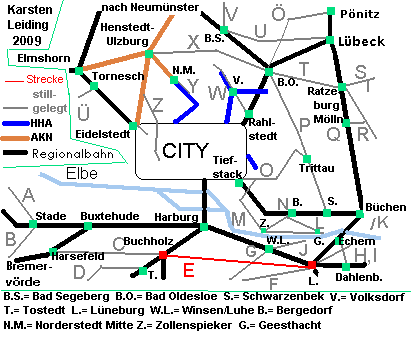 Das Schnell- und Regionalnetz des HVV mit der stillgelegten Strecke E: Buchholz - Lneburg