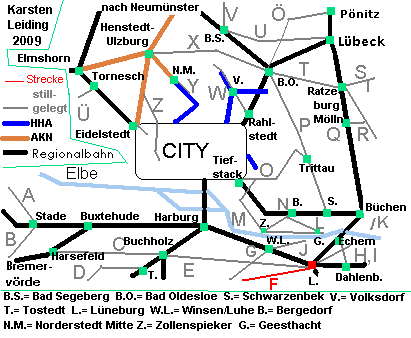 Das Schnell- und Regionalnetz des HVV mit der stillgelegten Strecke F: Lneburg Sd - Htzel - Soltau.