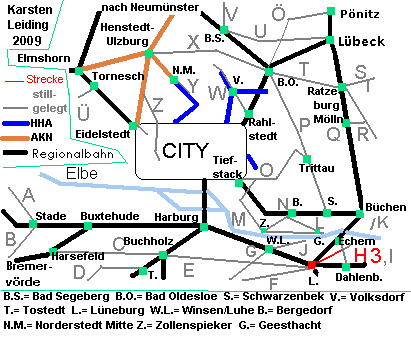 Das Schnell- und Regionalnetz des HVV mit der stillgelegten Strecke H3: Lüneburg - Bleckede.