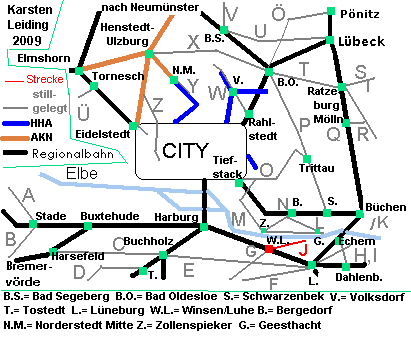 Das Schnell- und Regionalnetz des HVV mit der stillgelegten Strecke J: Winsen (Luhe) Sd - Niedermarschacht