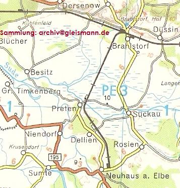 Kartenausschnitt einer Topographischen Karte von 1963 mit dem Verlauf der ehemaligen Strecke von Brahlstorf nach Neuhaus (Elbe).