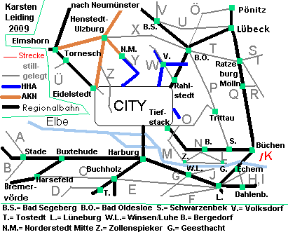 Das Schnell- und Regionalnetz des HVV mit der stillgelegten Strecke K: Brahlstorf - Neuhaus / Elbe