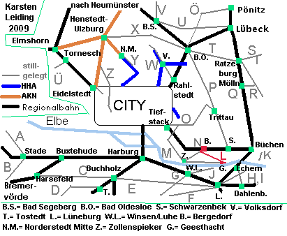 Das Schnell- und Regionalnetz des HVV mit der stillgelegten Strecke L: Bergedorf - Geesthacht - Krmmel.