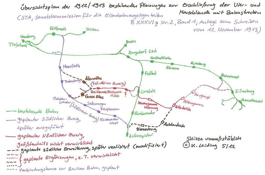 Skizze der geplanten Bahnstrecken in den Vier- und Marschlanden 1913.
