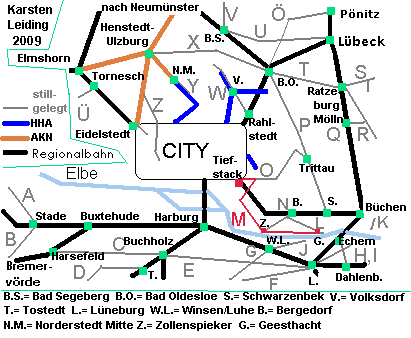Das Schnell- und Regionalnetz des HVV mit der stillgelegten Strecke M: Billbrook - Geesthacht.