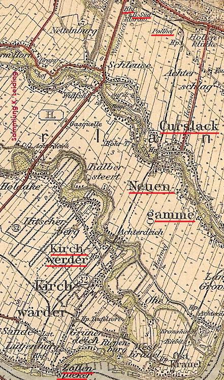 Kartenausschnitt einer Topographischen Karte von 1928 mit dem Verlauf der ehemaligen Strecke von Bergedorf Sd nach Zollenspieker.