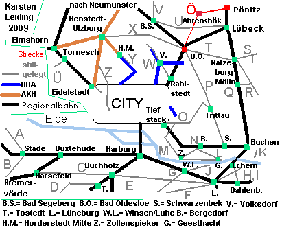 Das Schnell- und Regionalbahnnetz des HVV mit der stillgelegten Strecke Ö: Ahrensbök - Pönitz.