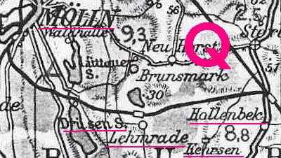Kartenausschnitt von 1958 mit der zu der Zeit noch existierenden Strecke Q: Mlln - Hollenbek