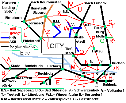 Das Schnell- und Regionalnetz des HVV mit der stillgelegten Strecke Q: Mlln - Hollenbek