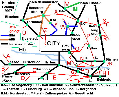Das Schnell- und Regionalnetz des HVV mit der stillgelegten Strecke U: Lbeck - Bad Segeberg