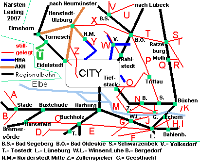 Das Schnell- und Regionalnetz des HVV mit der stillgelegten Strecke : Tornesch - Uetersen.