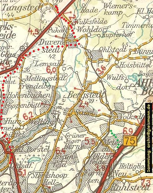 Ausschnitt aus der Ravenstein Motorwanderkarte, Bereich Schleswig-Holstein / Hamburg, Ausgabe 1958, mit dem Bereich der Walddrfer Straenbahn.