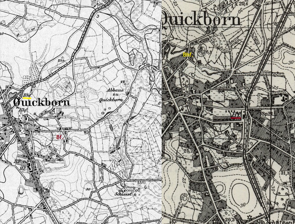 Ausschnitte aus Meßtischblättern von Quickborn aus den Jahren 1898 (links) und 1955 (rechts).