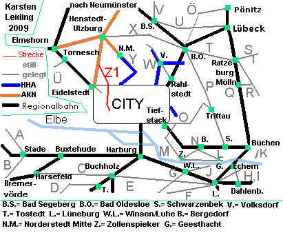 Das Schnell- und Regionalnetz des HVV mit der stillgelegten Strecke Z1: *Altona Gählersplatz - *Ellerau.