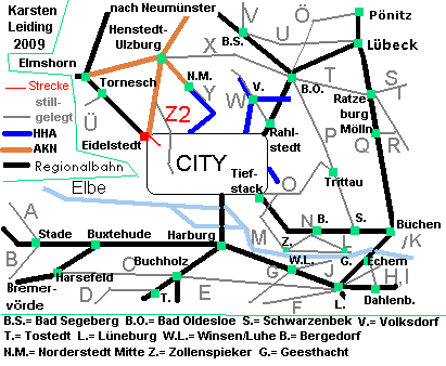 Das Schnell- und Regionalnetz des HVV mit der stillgelegten Strecke Z2: Altona Kaltenkirchener Bahnhof - Eidelstedt.