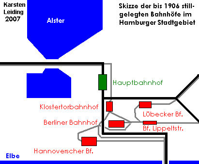 Skizze der stillgelegten und heutigen Bahnhöfe im Hamburger Stadtgebiet.