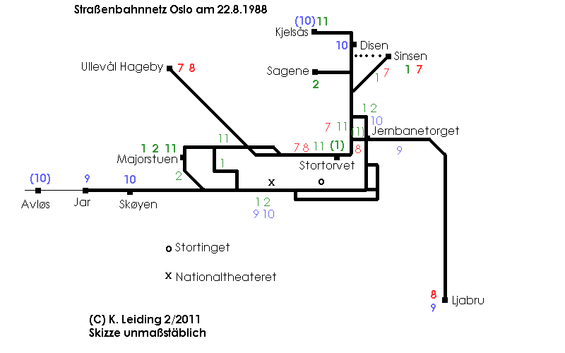 Skizze der Straenbahnlinien in Oslo 1988.