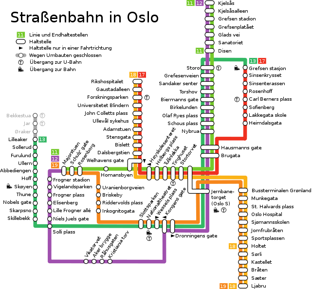 Skizze der Straenbahnlinien in Oslo 2010.