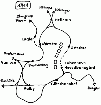 Skizze der Bahnstrecken in Kopenhagen im Jahr 1911.