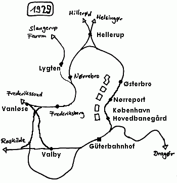 Skizze der Bahnstrecken in Kopenhagen im Jahr 1929.
