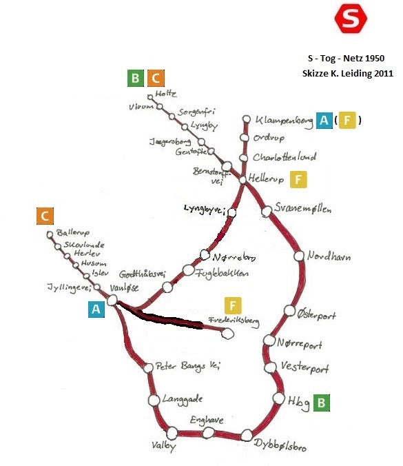 Skizze des S - Tog - Netzes am 14. Mai 1950.