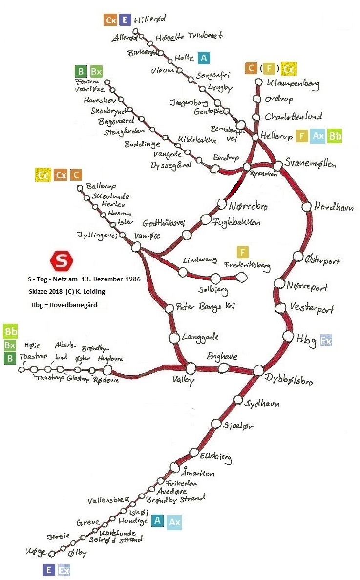 Skizze des S - Tog - Netzes am 13. Dezember 1986.