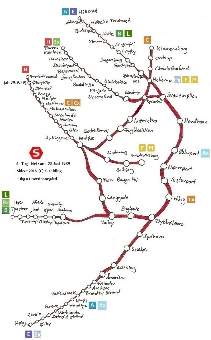 Skizze des S - Tog - Netzes am 28. Mai 1989.
